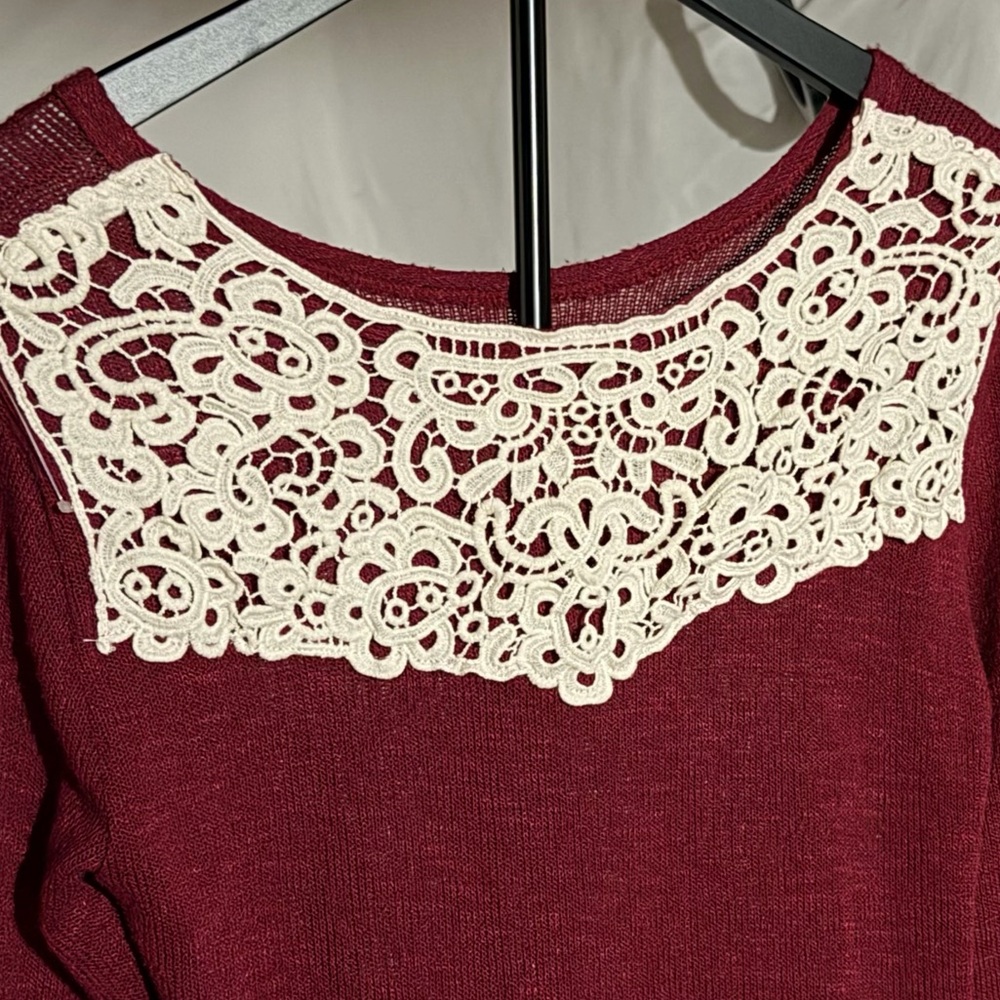 Charming Charlies Burgundy Sweater with Lace Detail Valentines Day Knit Cozy SzM